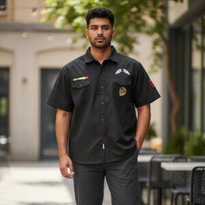 7 Souls Military Patch Utility Shirt Black Cotton Short Sleeve XXL